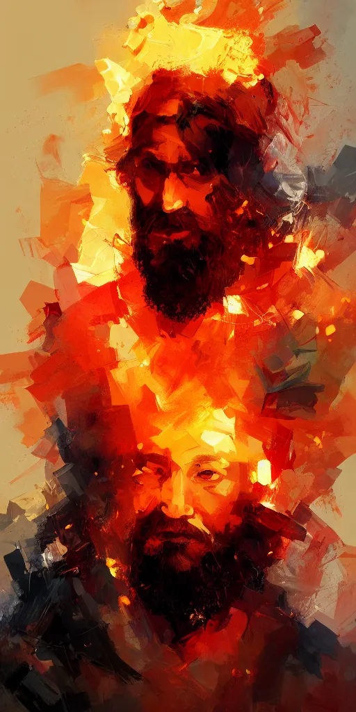 Image similar to abstract painting of hansome bearded man on fire, by craig mullins, featured on artstation. Portrait.
