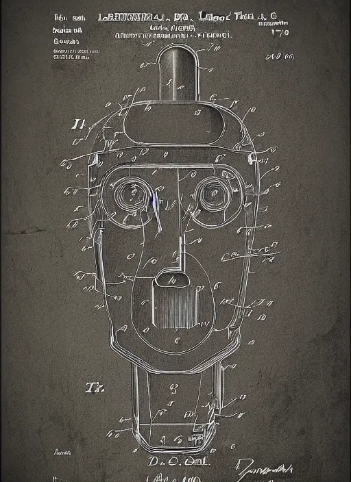 Image similar to patent drawing of a robotic david lynch by leonardo davinci, illustrations, intricate writing, concept art, labels, highly detailed