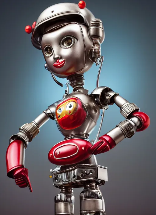 Prompt: highly detailed closeup, face profile portrait of a retro 1 9 5 0 s tin toy robot spacegirl wearing a bikini, unreal engine, nicoletta ceccoli, mark ryden, earl norem, lostfish, global illumination, detailed and intricate environment