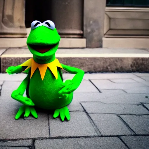 Image similar to street photography picture of a muppet kermit the frog laying in the doorway of an oppressive building. fugifilm 4 k close focus. distopia sad