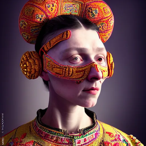 Prompt: Colour Caravaggio style full body portrait Photography of Highly detailed beautiful Woman wearing detailed Ukrainian embroidery folk costume designed by Taras Shevchenko with 1000 years perfect face wearing highly detailed retrofuturistic VR headset designed by Josan Gonzalez. Many details In style of Josan Gonzalez and Mike Winkelmann and andgreg rutkowski and alphonse muchaand and Caspar David Friedrich and Stephen Hickman and James Gurney and Hiromasa Ogura. Rendered in Blender and Octane Render volumetric natural light