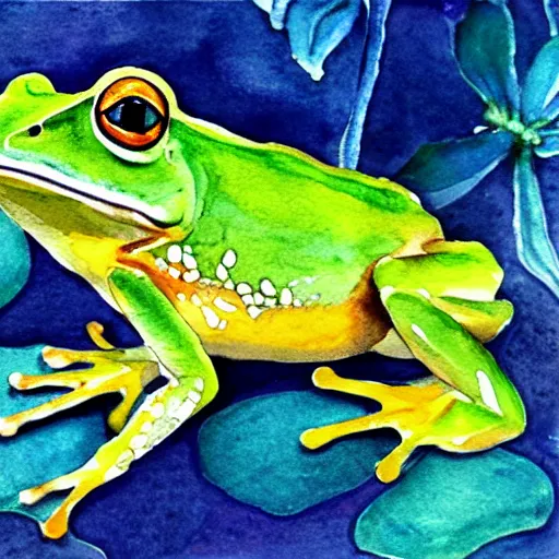 Prompt: a beautiful watercolor painting of a frog made of flowers sitting on a lilypad made of rainbows