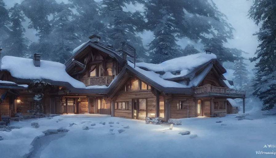 Image similar to A highly detailed matte painting of Modern chalet built in the snowy mountains, by Studio Ghibli, Makoto Shinkai, by Artgerm, by WLOP, by Greg Rutkowski, volumetric lighting, octane render, 4K resolution, trending on artstation, masterpiece