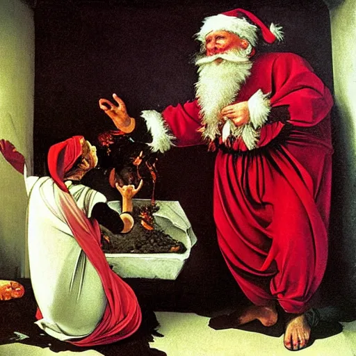 Prompt: Father Christmas stuck in a chimney. Painted by Caravaggio