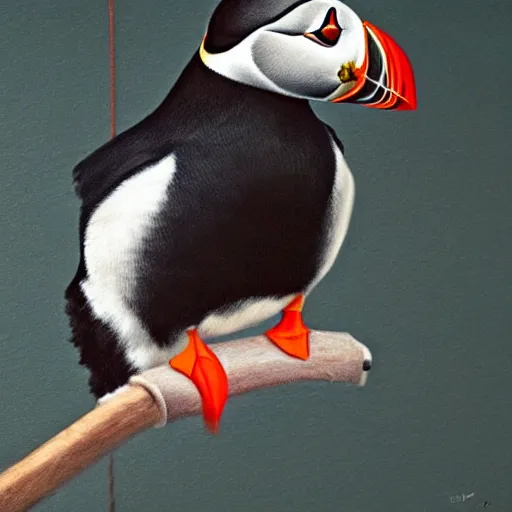 Image similar to realistic puffin sitting on a big swing, hyper detailed, trending on artstation