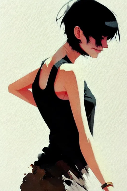 Image similar to a ultradetailed beautiful painting of a stylish woman with a white tank top, she has short black hair with bangs, by conrad roset, greg rutkowski and makoto shinkai trending on artstation