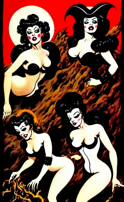 Image similar to witches sabbath, burlesque psychobilly, rockabilly, punk, white background, vector art, illustration by frank frazetta