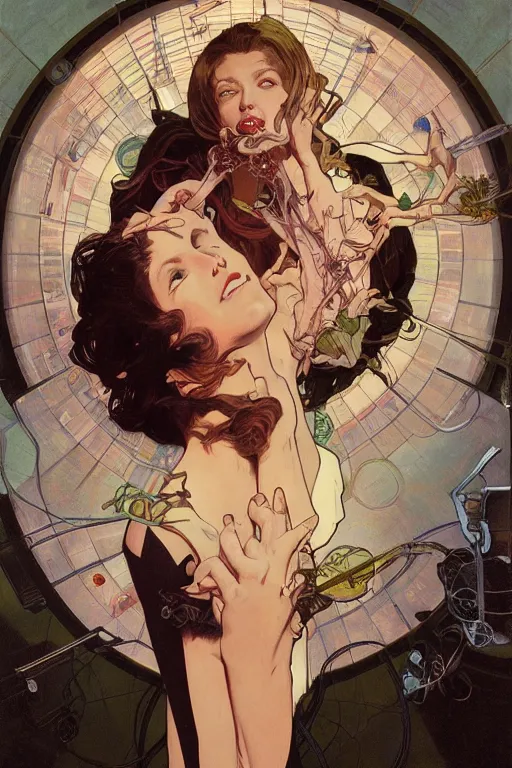 Image similar to portrait of crazy lady scientist, biology, flesh, chemistry, illustration by silvio camboni, alphonse mucha, feng zhu, yoshitaka amano, katsuhiro otomo, victo ngai, brom, jeffrey catherine jones pose, concept art, octane, unreal 5, artstation