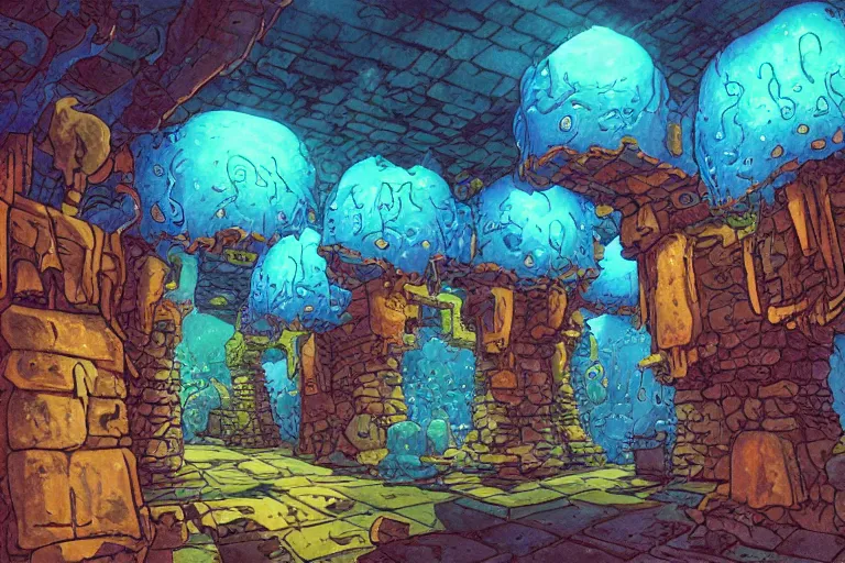 Prompt: gelatinous POINT PERSPECTIVE DUNGEON sustainer ROOM filled with command, painted by Edward Gorey and Moebius and Greg Rutkowski and Paul Wenzel and George Barr and Stephen Youll,trending on artstation, iridescent cool blue and cyan and red and blue and yellow and green lighting front view futuresynth , outrun , vibrant colors, Sabattier filter , Watercolor