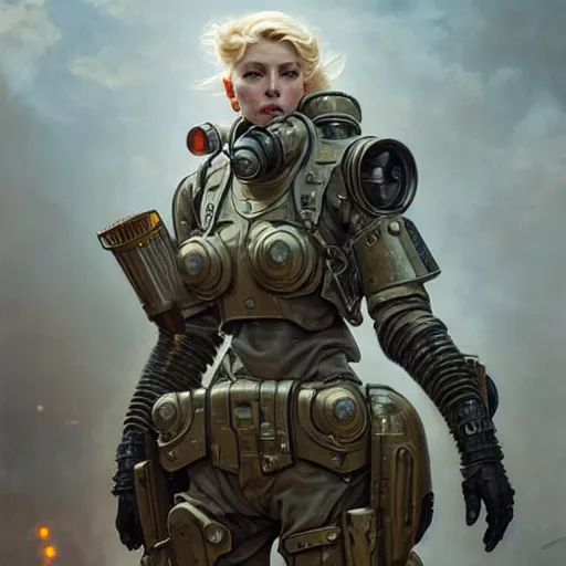 Image similar to portrait painting of a post - apocalyptic blonde soldier wearing dieselpunk power armor, ultra realistic, concept art, intricate details, eerie, highly detailed, photorealistic, octane render, 8 k, unreal engine. art by artgerm and greg rutkowski and charlie bowater and magali villeneuve and alphonse mucha