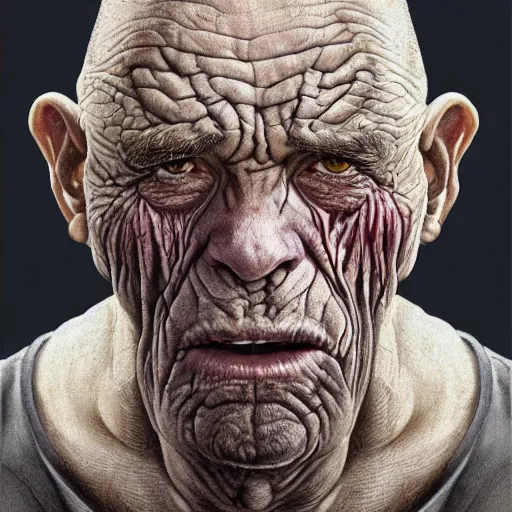 Image similar to centered detailed portrait of an old ugly mutant smuggler, without a nose and with rough dark dirty skin showing the thin veins underneath::art by James Christensen and Artgerm and Sophie Anderson::realistic character concept, single face, insanely detailed and intricate, beautiful, elegant, golden ratio, identical eyes, gazing eyes, beautiful eyes, slender symmetrical face and body::::post apocalyptic, Fallout style, destroyed city on background::medium shot, elegant pose, science fiction, illustration, artstation, cinematic lighting, dramatic lighting, volumetric lighting, Global Illumination, hyperdetailed, cgsociety, 8K, 4K, high resolution, vfx