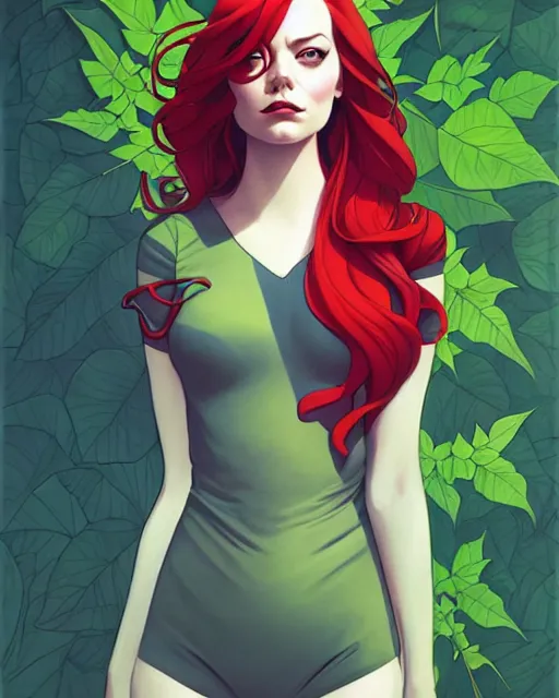 Image similar to joshua middleton, phil noto, artgerm, emma stone poison ivy dc comics, vines, symmetrical eyes, city rooftop