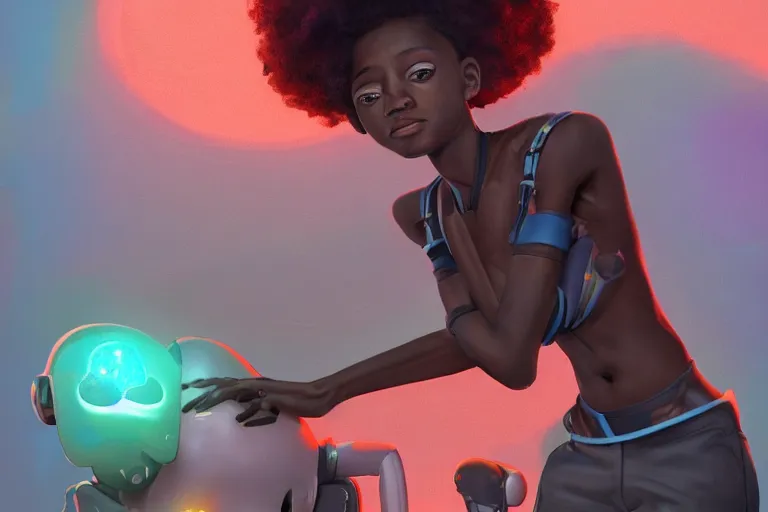 Image similar to a black kid playing with a futuristic robot in the nature, mixing solarpunk and afropunk, ( ( ( ( volumetric light ) ) ) ), high angle, part by pearl fryar, part by prince damah, sunny day, trending on artstation, cinematic view, illustration, painting, realistic