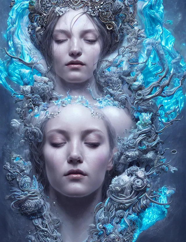 Prompt: goddess portrait from bottom to top by jessica oyhenart in crown made of ram skull, bioluminiscent, plasma, ice, water, wind, creature, super intricate ornaments artwork by tooth wu and wlop and shofff and greg rutkowski
