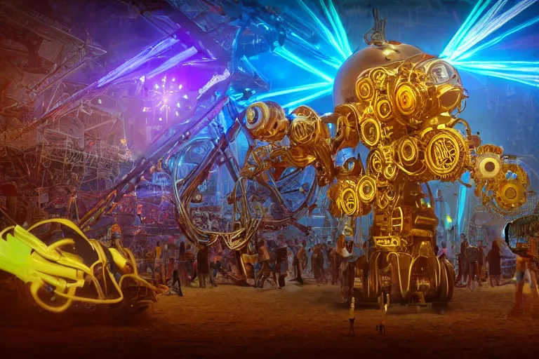 Image similar to scene is burning man festival, portrait photo of a stagediving giant huge golden and blue metal futuristic steampunk robot, with gears and tubes, eyes are glowing red lightbulbs, audience selfie, shiny crisp finish, 3 d render, 8 k, insaneley detailed, fluorescent colors, haluzinogetic, background is multicolored lasershow