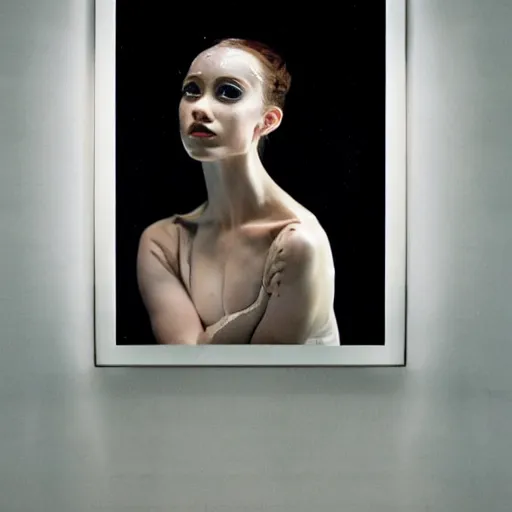 Prompt: portrait of a ballerina with a beautiful porcelain face, rain, cinematic light and reflections, beautiful dreamy lighting, photographed by annie leibovitz,