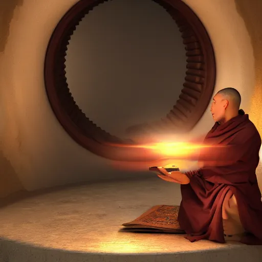 Image similar to concept art a monk discovering a portal to enlightenment, 8 k, 3 d render, ultra high quality, cinematic