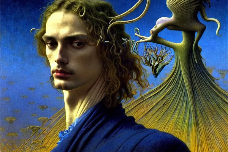 Image similar to realistic detailed portrait painting of a beautiful man with bird head, nightly graveyard landscape background by Jean Delville, Amano, Yves Tanguy, Max Ernst, Alphonse Mucha, Ernst Haeckel, Edward Robert Hughes, Roger Dean, masterpiece, cinematic composition, dramatic pose, 4k details, rich moody colours, blue eyes