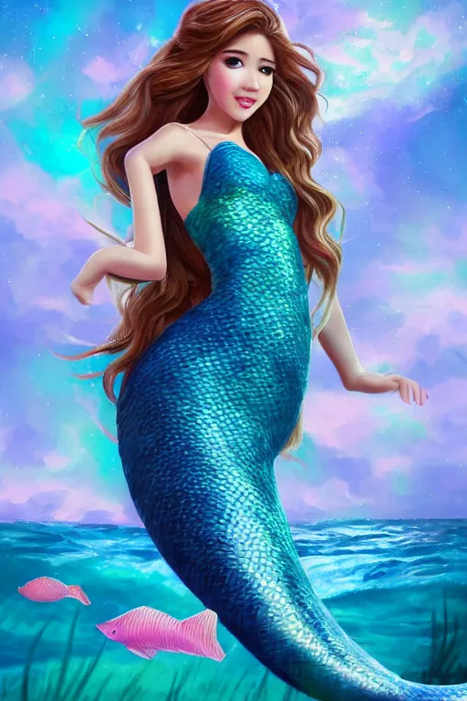 Image similar to pokimane in a mermaid outfit fantasy, highly detailed face, 8 k