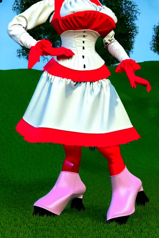 Prompt: a Marvelous Designer render of a 1999 Dutch milkmaid costume with exposed midriff and prosthetic udders. Drag queen, campy. Cow Costume with Udders, comical. Cloven Hoof High-Heeled Boots. Puff sleeves, ruched bodice. Choker necklace with a large cow bell on it. Holstein cow spot damask fabric.