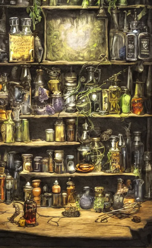Image similar to potions Wizarding workshop, black cauldron boiling, herbs, potions in bottles, toad, matte painting, oil on canvas