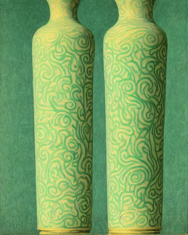 Image similar to achingly beautiful print of intricately painted ancient greek lekythos on a green pastel background by rene magritte, monet, and turner.