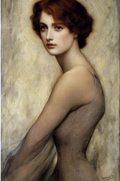 Prompt: Pre-Raphaelite portrait of a young beautiful woman with blond short-hair and grey eyes who works as an architect artwork by Edward Robert Hughes, Henry Justice Ford, Rolf Armstrong, Monia Merlo