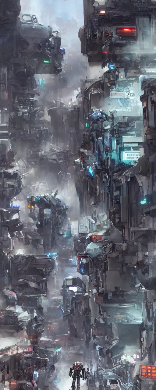 Image similar to a robotic mecha police on a slums downtown street, concept art, artstation, futuristic, matte painting, hyper realistic, art by feng zhu, cinematic