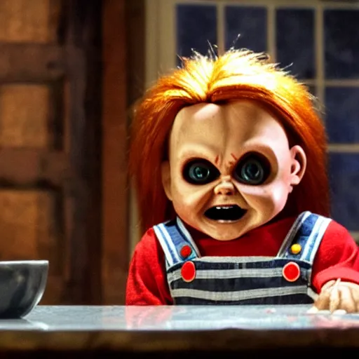 Image similar to chucky the killer doll standing on the kitchen table