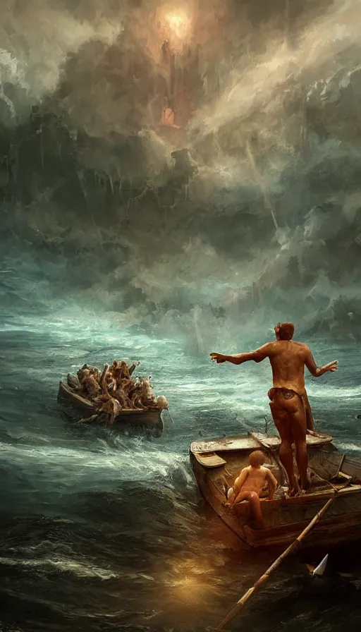 Image similar to man on boat crossing a body of water in hell with creatures in the water, sea of souls, by wlop