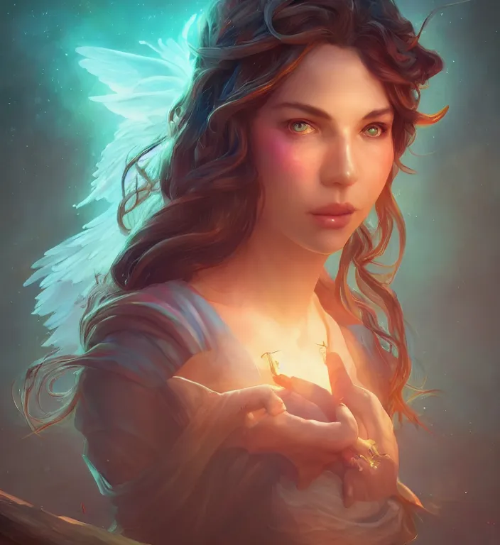 Prompt: centered waist up portrait photography an angel + bokeh + DOF + 8k, photorealistic + rendered in unreal engine + colors and composition by Peter Mohrbacher + line work by Dan Mumford , ultra realistic + backlit