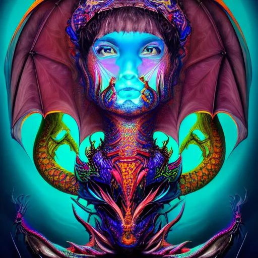 Prompt: an extremely psychedelic portrait of a dragon, surreal, lsd, face, detailed, intricate, elegant, lithe, highly detailed, digital painting, artstation, concept art, smooth, sharp focus, illustration