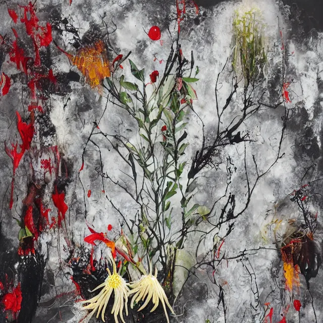 Image similar to “ charred, bushfire, a portrait in a female art student ’ s apartment, australian wildflowers, sensual, queer woman, flax, flannel flower, bottlebrush, eucalyptus, art supplies, a candle dripping white wax, squashed berries, berry juice drips, acrylic and spray paint and oilstick on canvas, surrealism, neoexpressionism ”