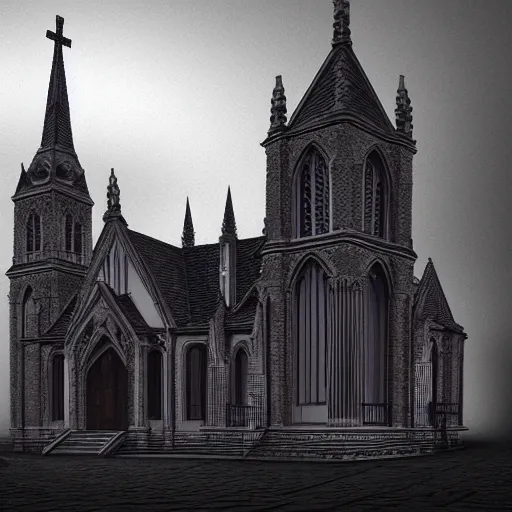 Image similar to victorian church in the middle of the city, dark, misty, at night, 8 k, detailed, concept art, trending on artstation