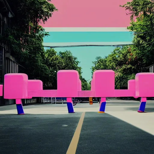 Image similar to retrofuturistic street scene with a row of large polished concrete platforms leading from near to far, focus on pink and blue colours, steam from ground