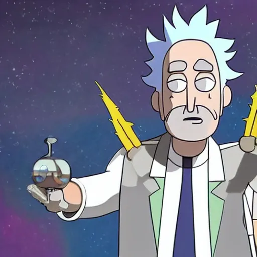 Image similar to Bill Murray playing Rick Sanchez, with spikey grey hair, and wearing a white lab coat, real-life action movie of Rick & Morty announced, poster art