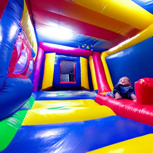 Image similar to a darkly lit indoor children's bounce house photo taken with a deposable camera limital space