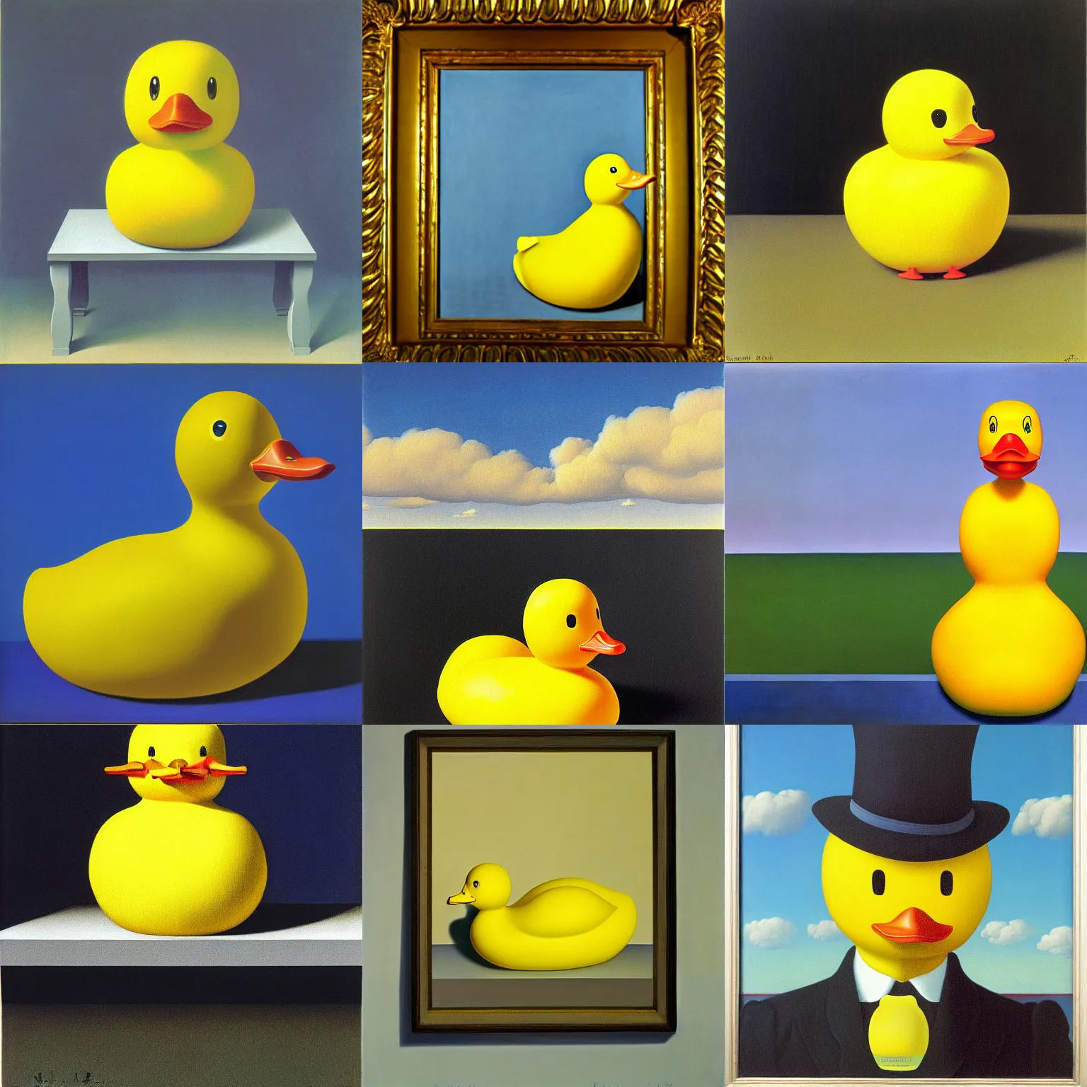 Image similar to portrait of a yellow rubber duck by rene magritte, oil on canvas.