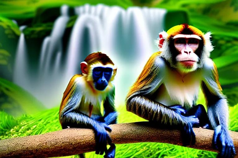 Prompt: two animals : a honey budger and a monkey, sitting in a meadow with a waterfall in the background, many details, high quality, 8 k