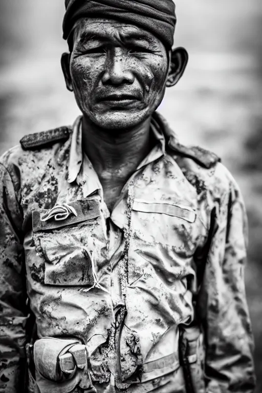 Prompt: Portrait of a Gurkha after battle looking tired standing on the battle field. Portriat, Photography, 35mm. f/1.2