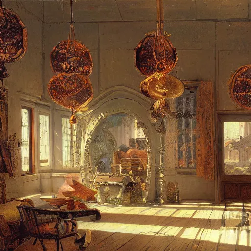 Image similar to detailed painting of a living capsule architecture, filigree ornaments, architectural digest, andreas achenbach