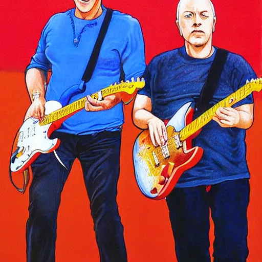 Image similar to portrait of mark knopfler with david gilmour, joyful, highly detailed painting by akira toriyama, 8 k