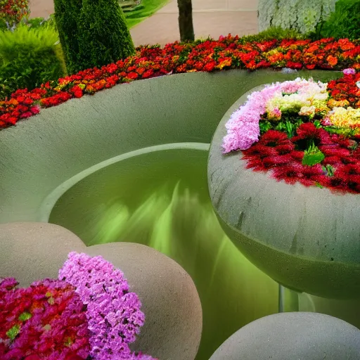 Image similar to photograph of flower fountain designed by Georgia O'Keefe, feminine, beautiful, curvy, flowers background, romantic, sensual, shallow depth of field, romantic lighting