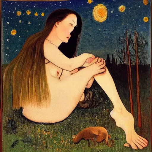 Prompt: A beautiful experimental art of a woman with long flowing hair, wild animals, and a dark, starry night sky. by Balthus quiet