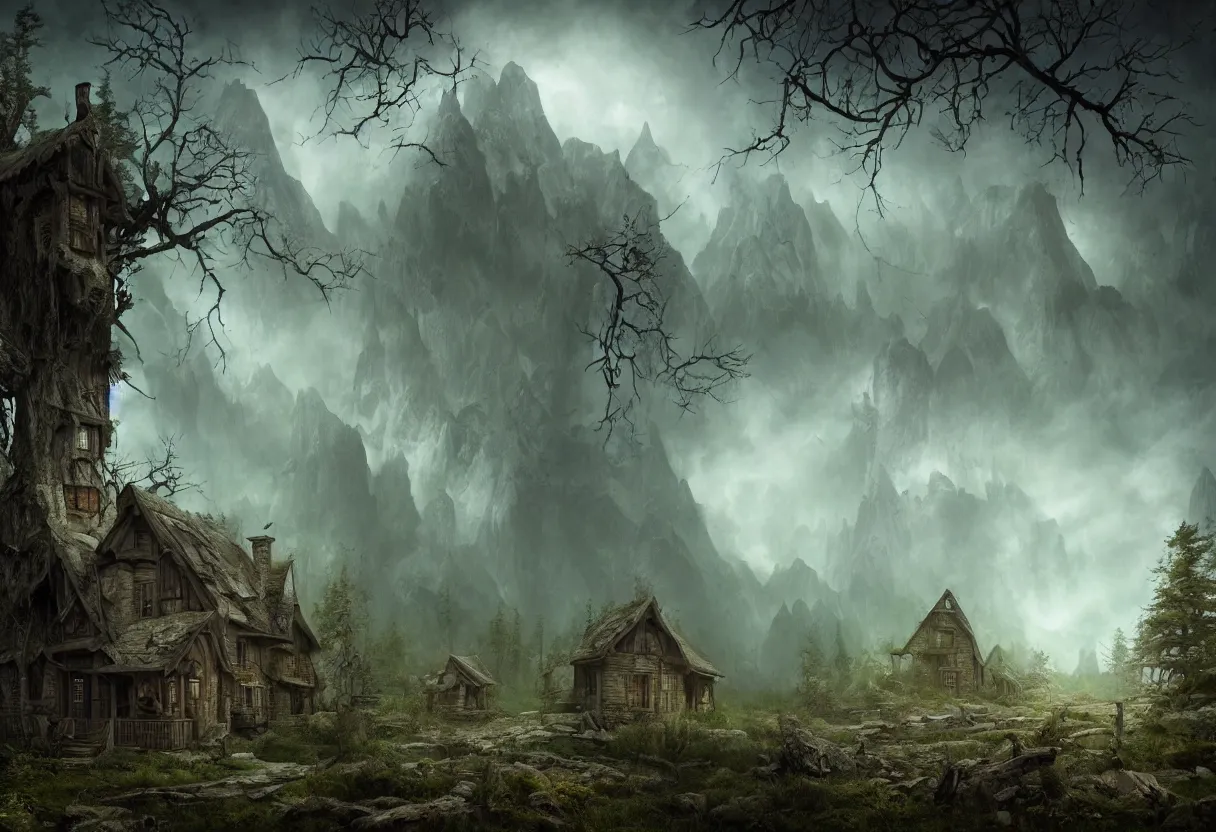 Prompt: eerie cottage in demonic woods, colorfully ominous mountains background, hyper realism, matte painting, realistic, dramatic lighting, octane render, highly detailed, cinematic lighting, cinematic, volumetric, by rutkowsky and gerald brom and frazetta and rembrandt