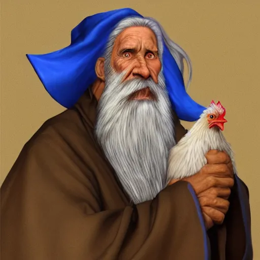 Prompt: character concept art of a kind old wizard with a long white beard looking a confused, holding a pet chicken perched top of his hat, wearing a blue robe, blue eyes, realistic, detailed, trending on ArtStation, by John Howe