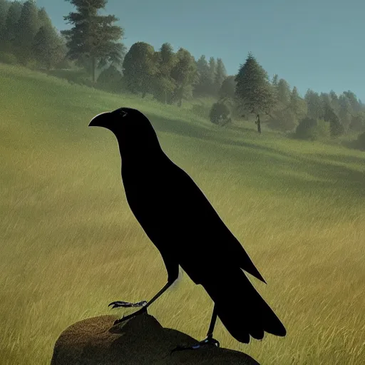 Image similar to a wholesome animation key shot of a crow on a hill, studio ghibli, pixar and disney animation, sharp, rendered in unreal engine 5, anime key art by greg rutkowski, bloom, dramatic lighting