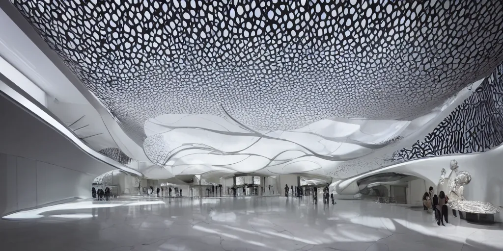 Image similar to extremely detailed ornate stunning sophisticated beautiful elegant futuristic museum lobby interior by Zaha Hadid, stunning volumetric light, stainless steal, concrete, translucent material, beautiful sunset, tail lights