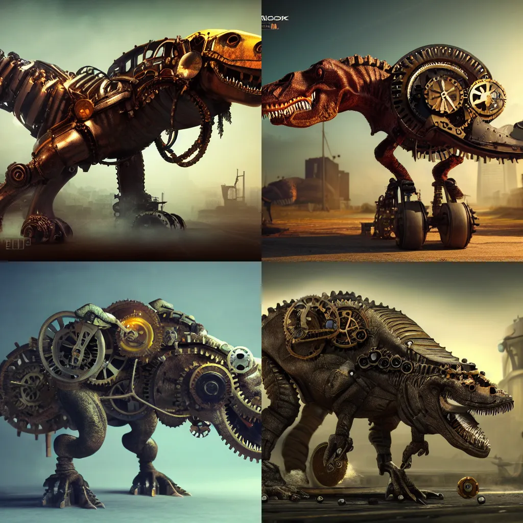 Prompt: A steampunk tyrannosaurus, cogs and wheels, plain white background, mechanical hydraulics, epic composition, volumetric lighting, 8k, octane render, trending on ArtStation