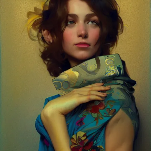 Prompt: modern woman | hyperrealistic | action pose | digital painting | trending on artstation | pinup portrait | clean | illustration | dressed | unreal engine 5 | 8 k resolution | by greg rutkowski alphonse mucha gustav klimt and mel ramos | coherent